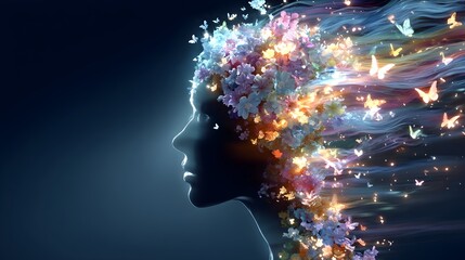 Fototapeta premium Silhouette of a female figure with a vibrant flow of flowers and butterflies, representing femininity and creativity.