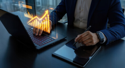 Businessman analyzing financial data with digital pen and tablet. 3D rising graph and futuristic interface with glowing elements background. Business growth and analytics concept. 
