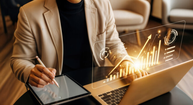 Business growth and financial success Background, rising graph and futuristic analytics. Businessman using digital pen and tablet for data-driven strategy, smart investment, and performance planning.