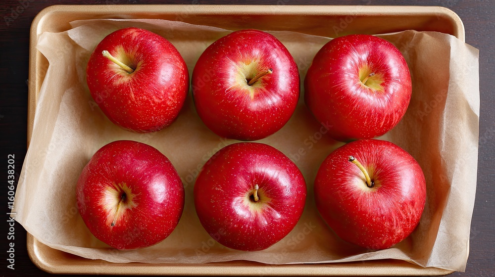 Poster fresh red apples arranged neatly on a tray with parchment paper background for healthy eating concep