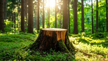 Forest stump in sunlit woodland