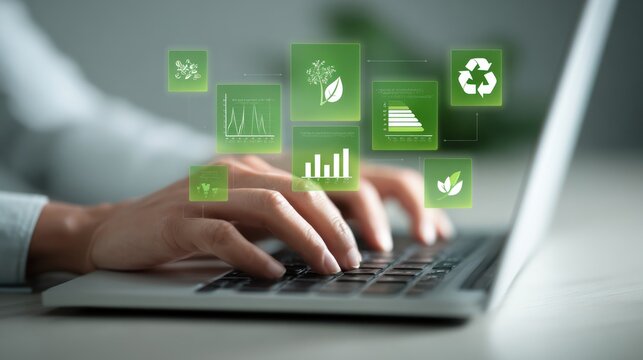 Sustainable Tech: A person engages with eco-friendly technology, represented by digital green icons, symbolizing the convergence of innovation and sustainability.