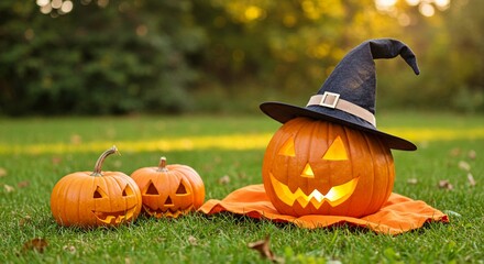 Halloween pumpkins with carved faces and witch hat on grass  