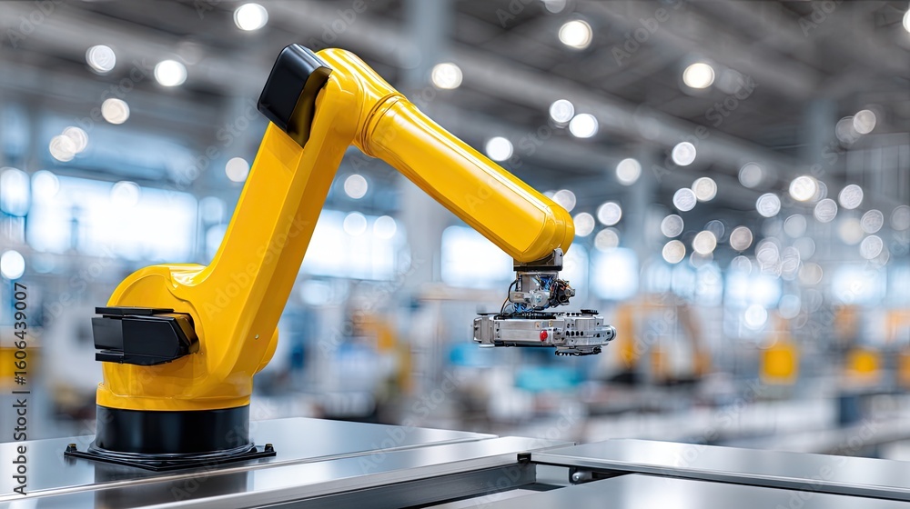 Aufkleber robotic arm with gripper in modern industrial factory setting featuring blurred background and advan