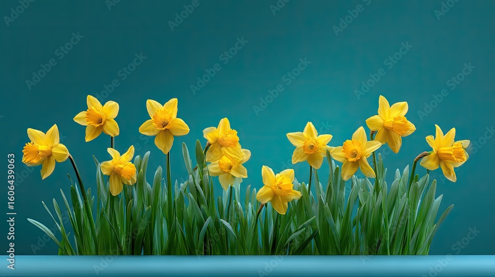 Poster fresh and vibrant daffodils in bloom against a soft teal background for spring and nature themes