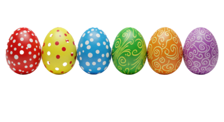 Seven distinct, vibrant easter eggs (red, blue, green, yellow, orange, purple, pink), intricately decorated with patterns, glossy, perfectly arranged on a transparent studio background with soft