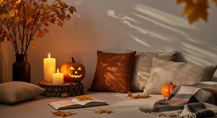 Cozy autumn living room with pumpkin, candles, and warm decor  