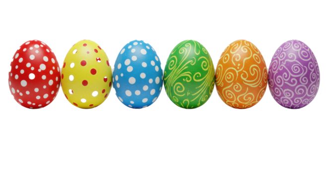 Seven distinct, vibrant easter eggs (red, blue, green, yellow, orange, purple, pink), intricately decorated with patterns, glossy, perfectly arranged on a transparent studio background with soft