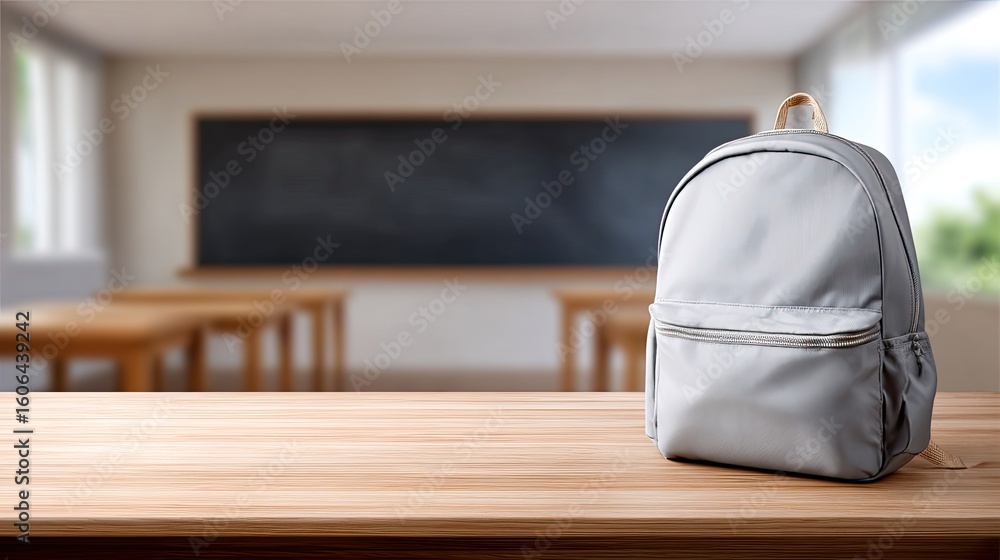 Poster stylish gray backpack on wooden table overlooking empty classroom with chalkboard in background