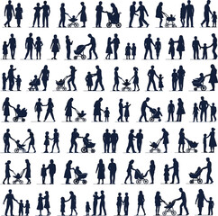 Family silhouette vector illustration, parents with children, walking family figures, people with stroller, mother father kids clipart, isolated design icon