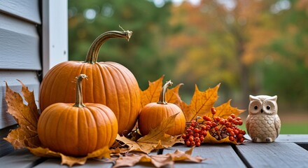 Autumn pumpkins and decorative owl on wooden porch with leaves  