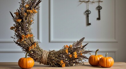 Autumn wreath with dried flowers and pumpkins on wooden table  