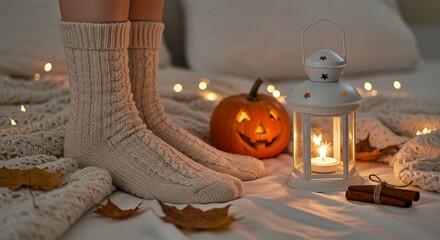 Cozy autumn scene with socks, pumpkin, and lantern on a bed