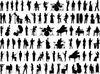 Obraz premium Silhouette musicians vector illustration, people playing instruments, jazz band performance, orchestra artists clipart, musical group icons