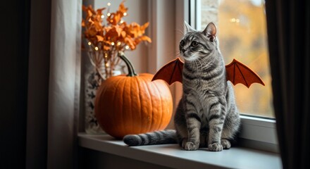 Gray tabby cat with bat wings sitting beside pumpkin on windowsill  