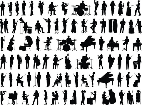 Silhouette musicians vector illustration, people playing instruments, jazz band performance, orchestra artists clipart, musical group icons