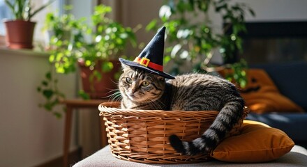 Cat wearing witch hat relaxing in basket by window with plants  