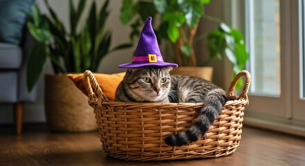 Tabby cat wearing a purple witch hat relaxing in a wicker basket  