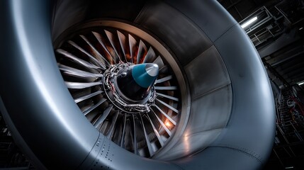 Close-up of a jet engine with intricate blade design and turbine details
