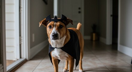 Dog wearing bat costume standing in hallway at home for Halloween