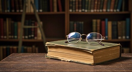 Old book with round glasses on wooden table in library setting  