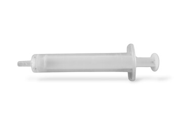 syringe isolated on white background Empty plastic syringe without needle, transparent white, used for medical or laboratory purposes. Photo taken against a white background.