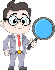 Cartoon Businessman Holding Magnifying Glass for Problem Solving and Analysis
