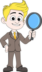 Smiling Cartoon Businessman Holding Magnifying Glass for Business Research