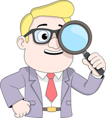 Businessman Cartoon Character Searching for Solution with Magnifying Glass