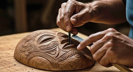 Craftsman carving intricate design on wooden mask in workshop  
