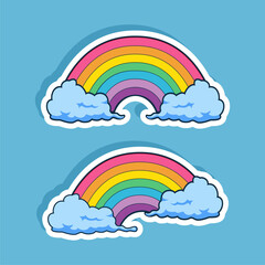 colorful rainbow stickers with white clouds on blue background
