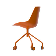 Side profile view of a modern orange office chair with casters, isolated. 3D render.