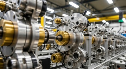 Intricate metallic machinery with golden accents operates in a modern factory setting