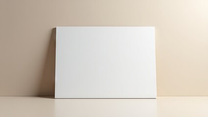 A pristine, square, white canvas stands upright against a muted beige wall, subtly reflecting light on a pale floor.  Minimalist, clean lines