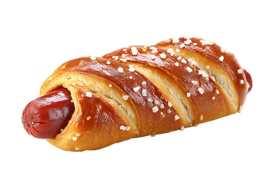 A mouthwatering hot dog baked in a pretzel bun sprinkled with salt on transparent background