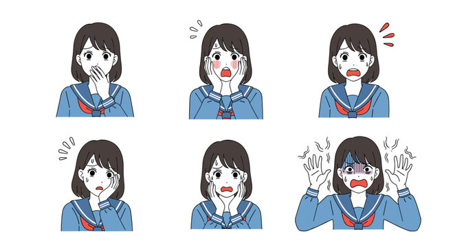 Collection of anime school girl expressions showing a range of emotions from surprise and embarrassment to shock and panic