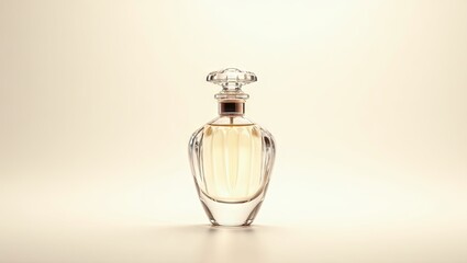 A clear glass perfume bottle with a faceted, bulbous body, a slender neck, and an ornate crystal-like stopper, sits on a pale background, partially reflecting light.  