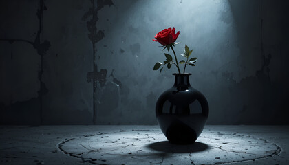 red rose in a vase with green leaves