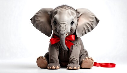 Adorable baby elephant with a red bow tie against a clean white backdrop