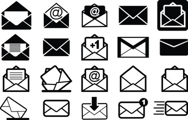 Email envelope icons set, vectors black flat, outline mail symbols collection including incoming message, notification, at signs, letter in inbox, digital communication for UI, web, and mobile design.
