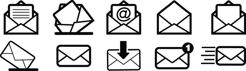 Email envelope icons set, vectors black outline mail symbols collection including incoming message, notification, at signs, letter in inbox, digital communication for UI, web, and mobile designs.