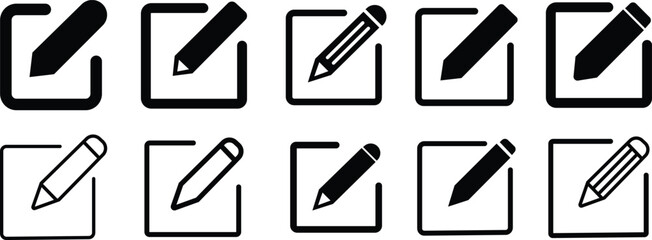 Edit icon set, black vector pencil inside square symbols for writing, editing, composing, drawing, UI interface buttons, mobile app tools, form input or note design elements on transparent background.