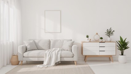 "Serene Minimalist Living Room with Soft Gray Sofa and Natural Light"