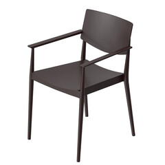 Three-Quarter Front View of a modern dark brown dining chair with armrests, isolated. 3D render.