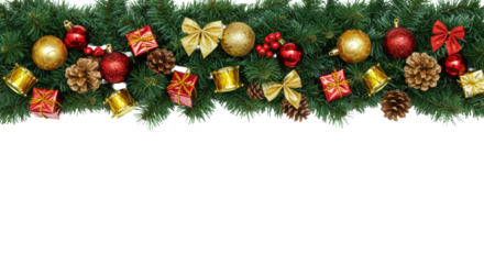 Vibrant green Christmas fir garland with sparkling red, gold baubles, golden drums, red gift boxes, pinecones, arranged horizontally on white background with copy space below, pristine festive
