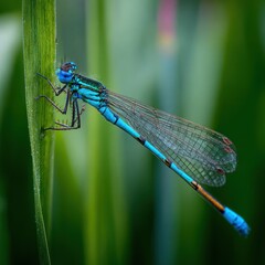 Vibrant Macro Shot of a Damselfly: Nature's Beautiful Blue-Green Insect on a Leaf in Summer