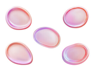 Holographic abstract design elements with sides and empty space inside. Set of 3d realistic pink lilac spots. Isolated clipart with clear even edge on transparent background