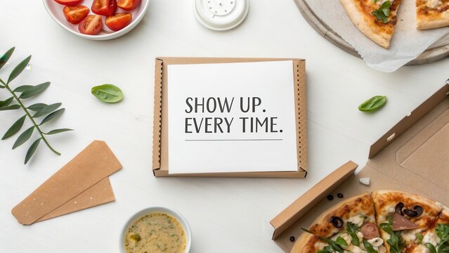 Delicious Pizza Takeout with Fresh Ingredients and Motivational Quote