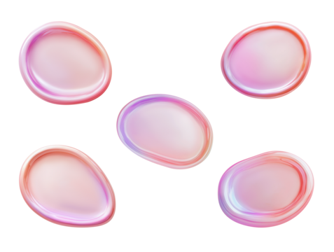 Holographic abstract design elements with sides and empty space inside. Set of 3d realistic pink lilac spots. Isolated clipart with clear even edge on transparent background