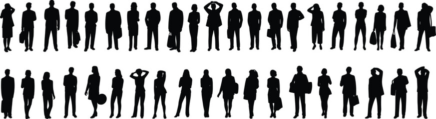 Silhouette illustration of diverse standing people, professional and casual poses, full body figures in black, vector isolated design set